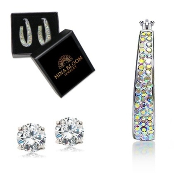 2 Pairs 18k White Gold Plated Swarovski Earrings - Picture 1 of 2